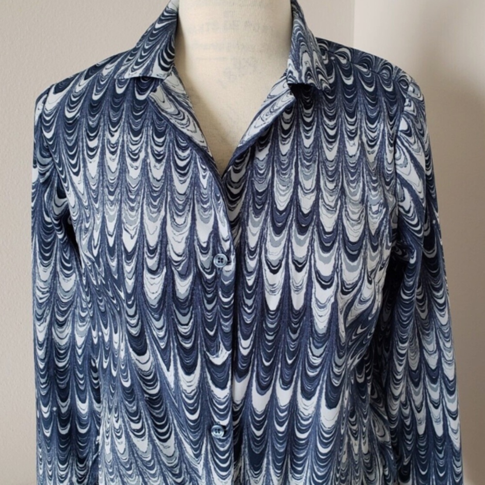 Michael Kors Women’s Tie-Front Button Down Shirt – Blue Wave Print – Size XL